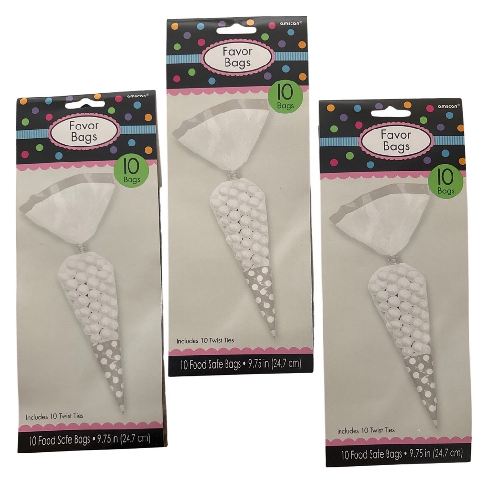 Amscan 30ct Cone Favor Bags Silver Polka Dot Food Safe Treat Bags with Ties 9.75